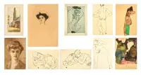 Egon Schiele, 1890 - 1918 by Egon Schiele, Original leather folder containing ten lithographs, ed, sold May 2026