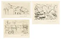 Lot of three etchings: Casa a Belgirate by Carlo Carrà, Etching and drypoint on paper, ed, sold May 2026
