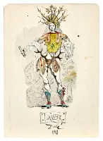 Theater costume sketch for ‘As You Like It’ by Salvador Dalí, Watercolor, ink wash, pen, and India ink on cardboard, sold May 2026