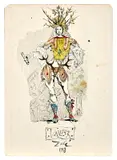 Theater costume sketch for ‘As You Like It’ by Salvador Dalí, Watercolor, ink wash, pen, and India ink on cardboard, sold May 2026