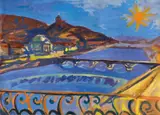Ponti sul Po (Il Po) by Francesco Menzio, Tempera on cardboard, sold May 2026