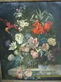 Basket of flowers on a ledge, by Still Life, oil on canvas,, sold Dec 2011