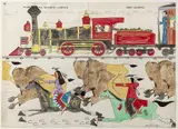 on ledger paper with a train and Native American Indians by Michael Horse, watercolor and ink, offered Jan 2015