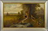 of a family of grouse with a hunter approaching by Howard L. Hill, oil on canvas, offered Jan 2015