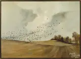 landscape with a flock of birds by Hal Singer, oil on canvas, offered Dec 2014