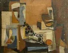 Untitled (Composition in Orange and Blue) by Leonard Alberts, oil on canvas, sold Nov 2023