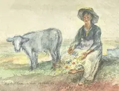 Untitled (Woman with Cow) by Joe Eula, 1987, watercolor on paper, sold Nov 2023