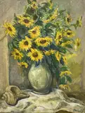 Still life of Sunflowers with Sea Shell by Albert Bela Bauer, oil on canvas, sold Nov 2023