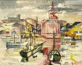 Untitled (Harbor) by Albert Bela Bauer, oil on board, sold Nov 2023