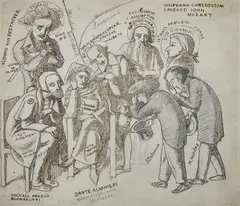 Simeon Solomon's and Henry Holiday's Artistic Heroes by Simeon Solomon, Ink (brown & black), pencil/paper, sold Nov 2023
