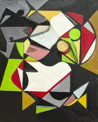 Untitled (Composition in Red, Green, Black, and White) by Leonard Alberts, oil on canvas, sold Dec 2023