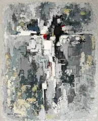 Untitled (Composition in Gray and Blue) by Shigeo Matsuki, 1962, oil on panel, sold Dec 2023