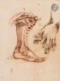 Étude de pied avec jambière et main by Cherubino Alberti, Plume et encre brune sur traits de sanguine, sold May 2022