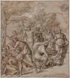 La Multiplication des pains et étude de main by Giuseppe Passeri, Plume et encre brune, lavis bistre, rehauts de gouache blanche partiellement oxydés et san, sold May 2022