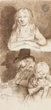 Partie d’album de vingt-deux dessins représentant portraits, personnages et scènes diverses by Adelaïde Moitte, Plume et encres brune et noire, crayon noir, sold May 2022