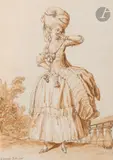 Élégante dans un parc by Claude Louis Desrais, 1778, Plume et encre brune et lavis brun sur traits de crayon noir, sold May 2022