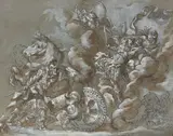 Combat de Pâris et Ménélas by Pierre Lelu, Plume et encre noire, lavis brun et rehauts de gouache blanche sur papier bleu, sold May 2022