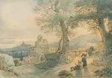 Paysage animé d’un monastère en Italie by Claude Thienon, Aquarelle sur traits de crayon noir, sold May 2022