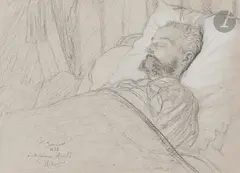 Portrait d’homme alité by Ernest Hébert, 1882, Crayon noir, rehauts de craie blanche sur papier gris, sold May 2022