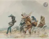 Musiciens ambulants dans la tempête by Adolf Schrödter, 1837, Aquarelle gouachée sur traits de crayon, sold May 2022