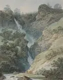 Vue animée des chutes de Reichenbach by Marquard Wocher, Aquarelle sur traits de crayon noir, sold May 2022