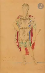 Pittacus : costume de scène pour l’opéra Sapho de Charles Gounod by Gustave Moreau, Aquarelle sur traits de crayon noir, sold May 2022