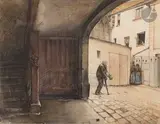 L’Impasse Saint-Gervais by Charles Heyman, vers 1910, Plume et encre noire, aquarelle sur traits de crayon noir, traces de pastel, sold May 2022