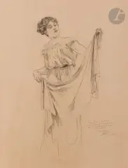 Étude pour une publicité du bleu Deschamps, vers 1896-97 by Alphonse Mucha, 1898, Crayon noir sur papier fort, sold Apr 2022