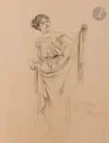 Étude pour une publicité du bleu Deschamps, vers 1896-97 by Alphonse Mucha, 1898, Crayon noir sur papier fort, sold Apr 2022