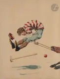 Le Joueur de polo tombe de sa monture by Charles-Fernand de Condamy, Aquarelle, sold Apr 2022
