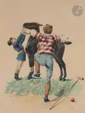 Le Joueur de polo et son palefrenier by Charles-Fernand de Condamy, Aquarelle, sold Apr 2022