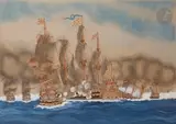 Le Combat de Bantry by Paul-Émile Pajot, Gouache sur traits d’encre, sold Apr 2022