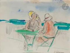 Femmes attablées devant la mer by Henri Lebasque, Aquarelle sur traits de crayon, sold Apr 2022