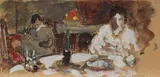 Madame Lebasque et son fils Pierre dans leur intérieur by Henri Lebasque, Aquarelle et gouache sur traits de crayon, sold Apr 2022