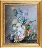 Bouquet de fleurs, fleurs dans un panier, oiseau, fruits sur un entablement by Louise Logerot, Aquarelle, sold Jun 2008