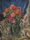 Bouquet de fleurs sur fond de tissu bleu by Pierre Combet-Descombes, Pastel et fusain, sold Nov 2021