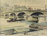 Lyon, le pont de la Guillotière par temps de pluie by Jacques Laplace, 1926, Aquarelle, fusain et encre, sold Nov 2021