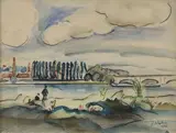 Pêcheurs à la ligne en bord de Saône" by Jacques Laplace, 1926, Aquarelle et fusain, sold Nov 2021