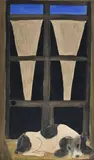Chien devant la fenêtre by Marie-Thérèse Bourrat, Technique mixte, encre (lavis), fusain et gouache, sold Nov 2021