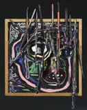 Sans titre 1993 by Robert Combas, Acrylique et collage de pinceaux, couvercle de bocal sur toile dans un encadrement de bois, sold Nov 2021