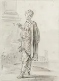 Etude d'Oriental portant une cape by Jean-Baptiste Lallemand, Crayon noir et lavis gris, sold Mar 2018