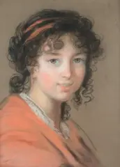 Portrait d'une jeune femme à la robe rouge, présumée Caroline de Rivière by Élisabeth Louise Vigée Le Brun, Pastel sur papier brun Porte au dos du montage le n°, sold Mar 2018