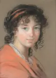 Portrait d'une jeune femme à la robe rouge, présumée Caroline de Rivière by Élisabeth Louise Vigée Le Brun, Pastel sur papier brun Porte au dos du montage le n°, sold Mar 2018