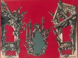 Maquette de décor pour « Concert de danses », ballet en un acte de Marcel Berger, musique Mozart et Tchaïkovsky, Ballets des Champs-Elysées by André Beaurepaire, 1946, Collage de dessins à l'encre de Chine découpés sur fond de gouache rouge, sold Dec 2008
