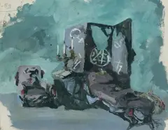 Intérieur au paravent et au divan Maquette de décor pour « Coppélia ou La fille aux yeux d'émail », ballet de A. Saint Léon, Ballets des Champs- Elysées by Dimitri Bouchène, 1948, Gouache sur papier, sold Dec 2008