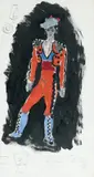 Personnage en costume de torero rouge sur fond noir Maquette de costume pour « Los Caprichos by Antoni Clavé, Gouache sur papier Annotations manuscrites et petits croquis au stylo, sold Dec 2008
