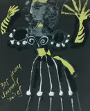 Femme à l'éventail jaune et noir Maquette de costume pour « Los Caprichos by Antoni Clavé, Gouache sur papier canson noir Annotation manuscrite à la gouache jaune, sold Dec 2008