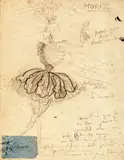 Etude de personnage féminin au plumet, costume pour Micheline Moriss Maquette de costume pour « Treize danses », chorégraphie Roland Petit, musique de André Gré by Christian Dior, 1947, Crayon noir, avec de nombreuses annotations manuscrites au crayon et un petit échantillon, sold Dec 2008
