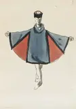 Personnage en costume médiéval à la cape bleue et rouge Maquette de costume pour « Till Eulenspiegel », ballet de Jean Babilée, musique Richard Strauss, Ballets by Tom Keogh, 1949, Encre et aquarelle Annotations au crayon, sold Dec 2008