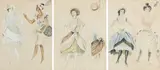 Trois maquettes de costumes pour « Le Bal des Blanchisseuses », chorégraphie Roland Petit, musique Vernon Duke, Ballets des Champs-Elysées by Stanislao Lepri, 1946, Aquarelle et rehauts de gouache, échantillons de tissus, sold Dec 2008